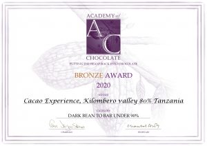 Récompense 2020 - bronze - Academy of chocolate - Kilombero 80% cacao 