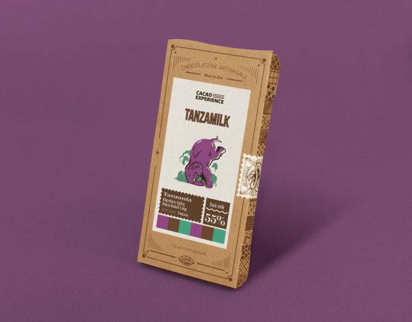 tablette de chocolat au lait dans son emballage kraft. 55% de cacao, origine Tanzanie. Le visuel est représenté par un éléphant.