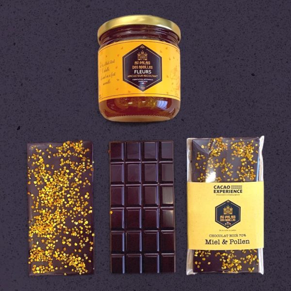 chocolat miel & pollen - trois tablettes de chocolat avec un pot de miel de fleurs